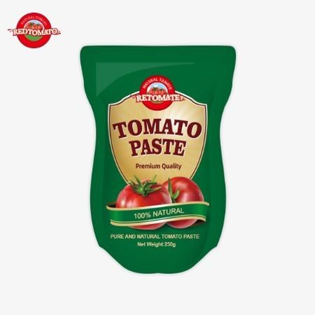 スタンドアップサケットは 30% から 100% までの純度範囲で 250g の甘くて辛いトマトパスタです
